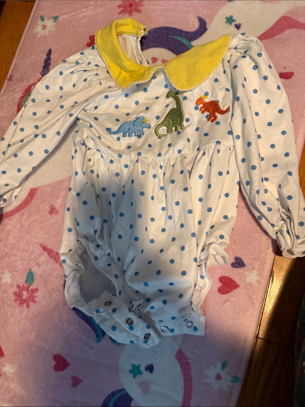 Blue Polka Dot Dino Bodysuit with Yellow Collar